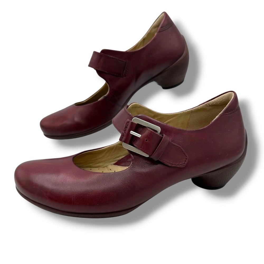 Ecco Womens Burgundy Leather Mary Jane Buckle Strap Textured Block Heel Shoes 37